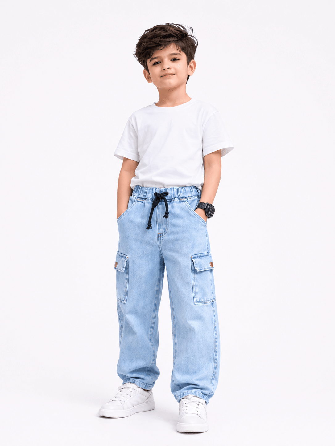 Kids Ice Blue Power Stretch Denim Cargo Pants – Premium Sartan Fabric - Raab.pk