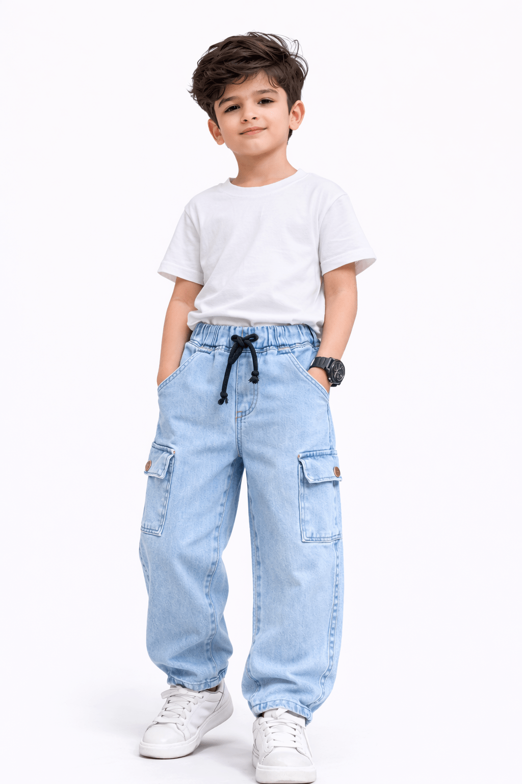 Kids Ice Blue Power Stretch Denim Cargo Pants – Premium Sartan Fabric - Raab.pk