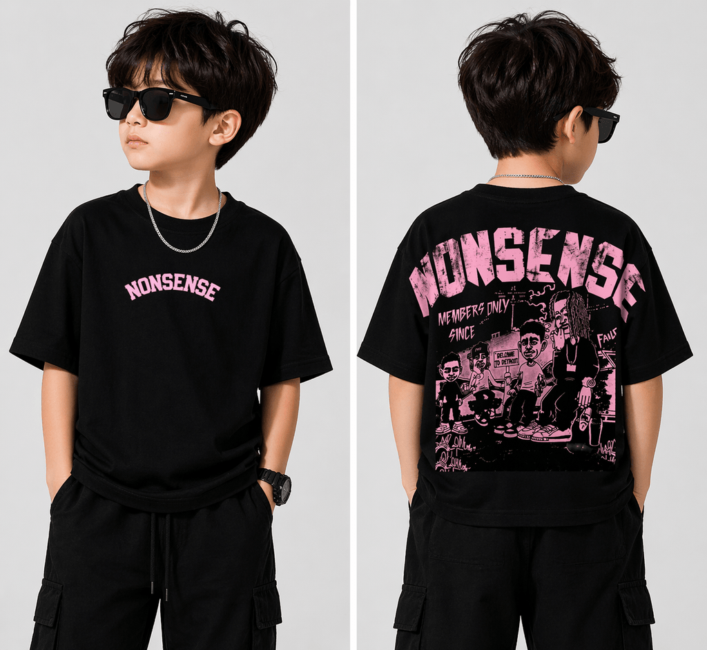 Kids Nonsense Graphic Oversized T-Shirt (Pink Print) – Interlock Fabric | Down Shoulder Style - Raab.pk