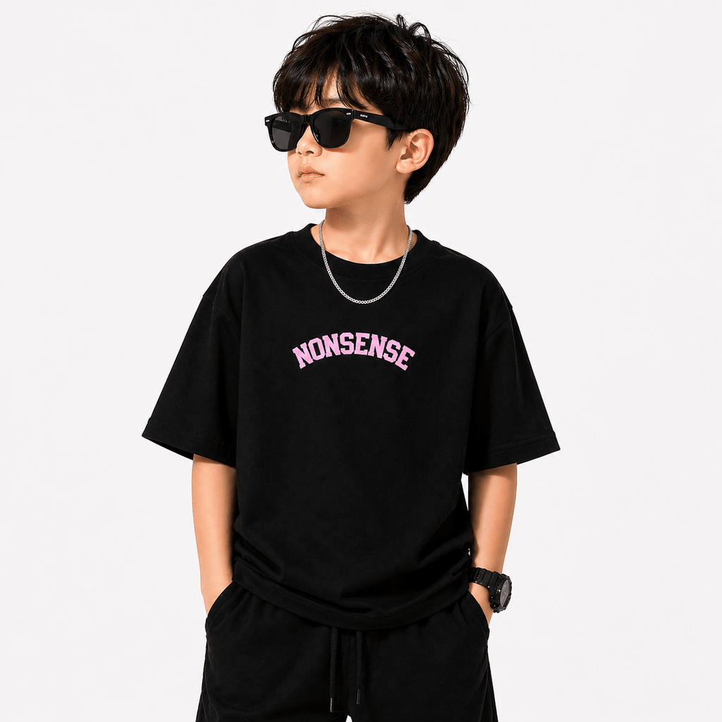 Kids Nonsense Graphic Oversized T-Shirt (Pink Print) – Interlock Fabric | Down Shoulder Style - Raab.pk