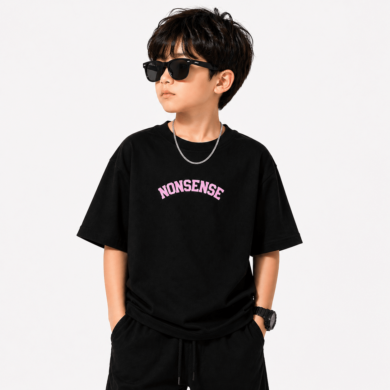 Kids Nonsense Graphic Oversized T-Shirt (Pink Print) – Interlock Fabric | Down Shoulder Style - Raab.pk
