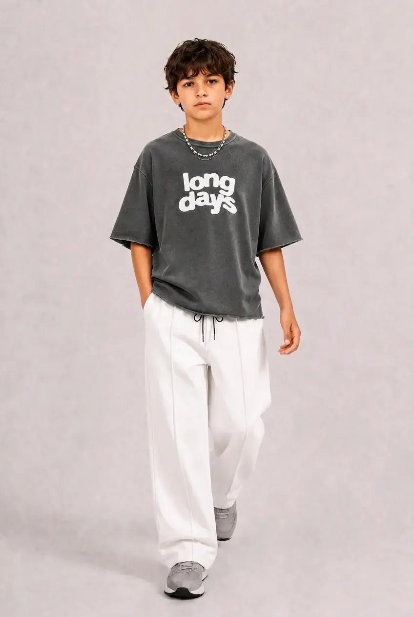 Kids Oversized Drop Shoulder T-Shirt & White Baggy Trousers Set (Ages 3-15 Years) - Raab.pk
