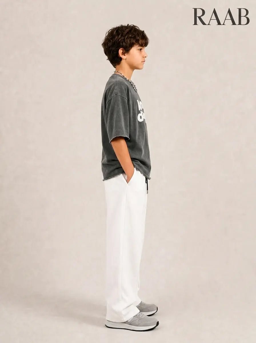 Kids Oversized Drop Shoulder T-Shirt & White Baggy Trousers Set (Ages 3-15 Years) - Raab.pk