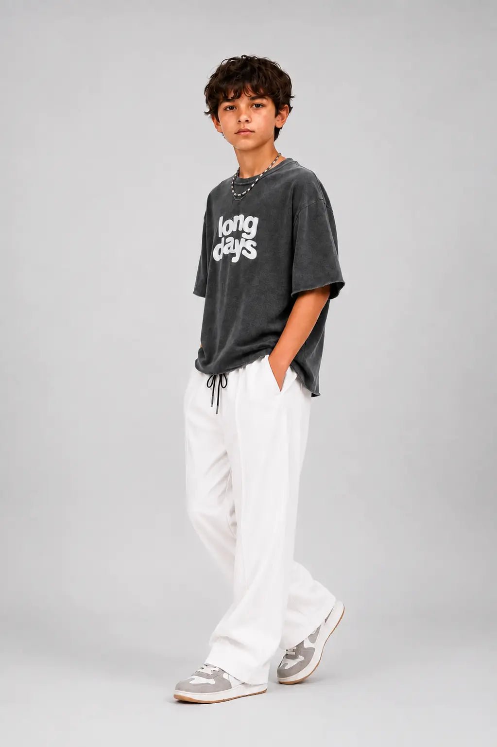 Kids Oversized Drop Shoulder T-Shirt & White Baggy Trousers Set (Ages 3-15 Years) - Raab.pk