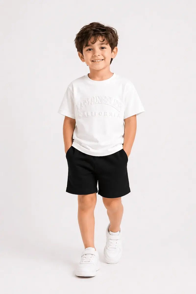 Kids Premium Drop Shoulder Stretch T-Shirt – Los Angeles Embossed Design - Raab.pk