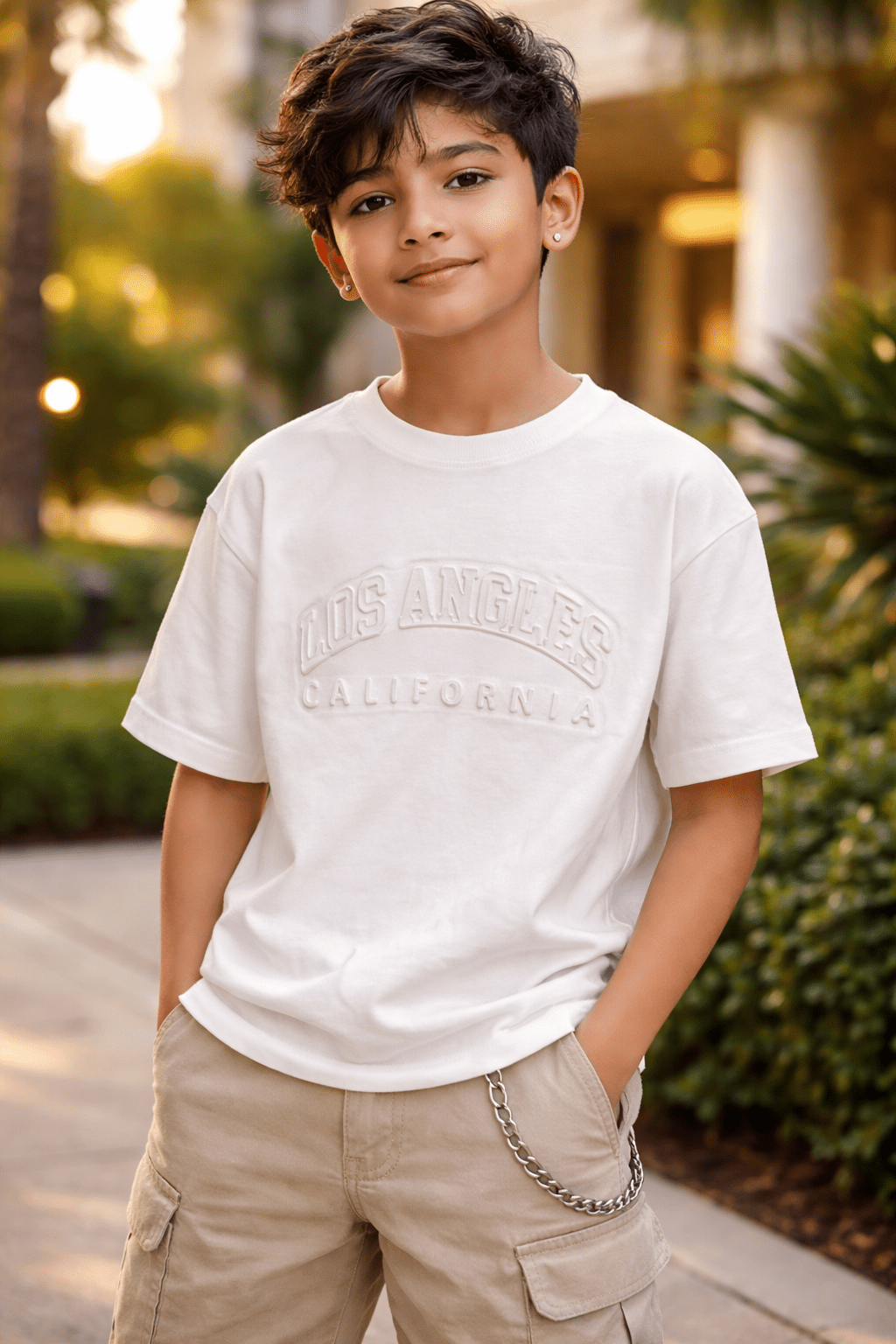 Kids Premium Drop Shoulder Stretch T-Shirt – Los Angeles Embossed Design - Raab.pk