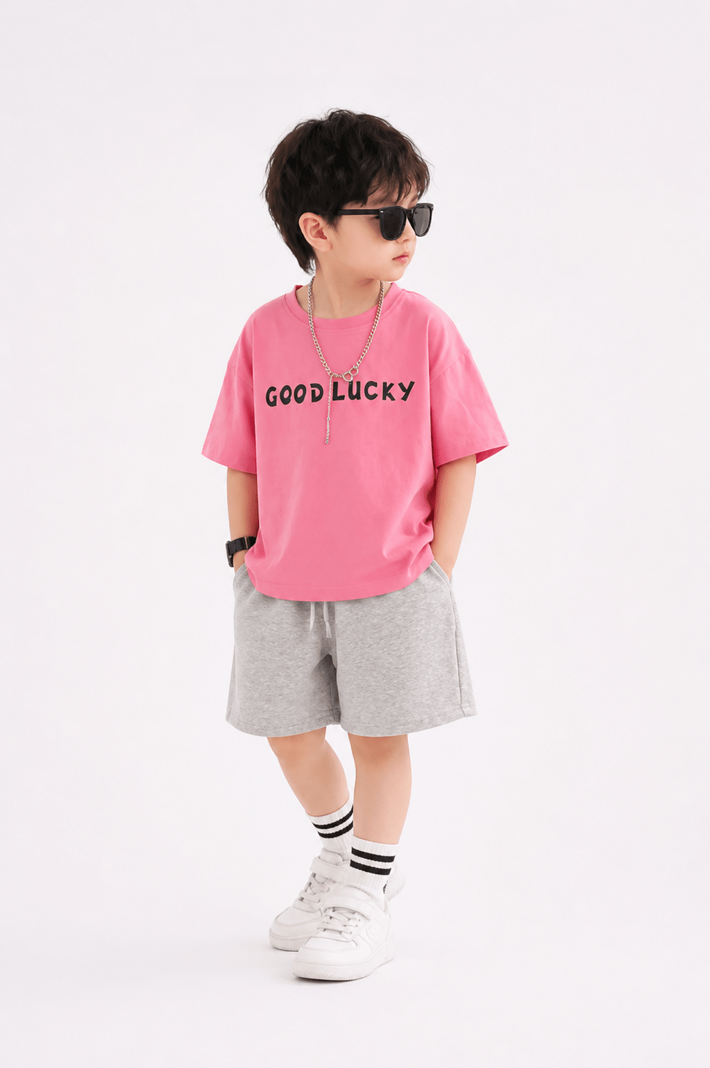 Kids Summer Casual Set – “Good Lucky” T-Shirt & Shorts Outfit - Raab.pk