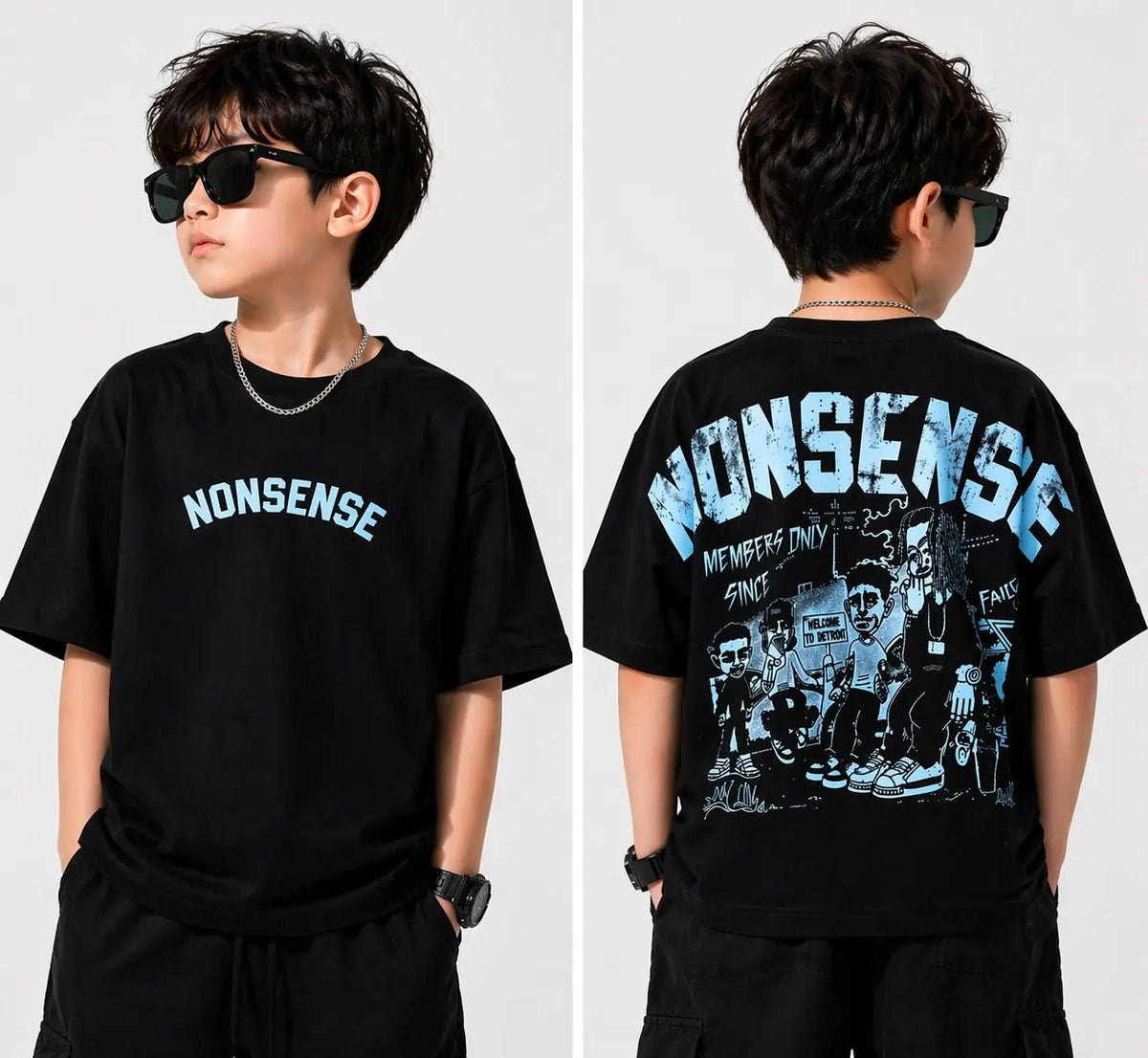 Pack of 2 Boys Black Graphic Drop Shoulder T-Shirts (1 to 15 Years) – Oversized Urban Tees - Raab.pk