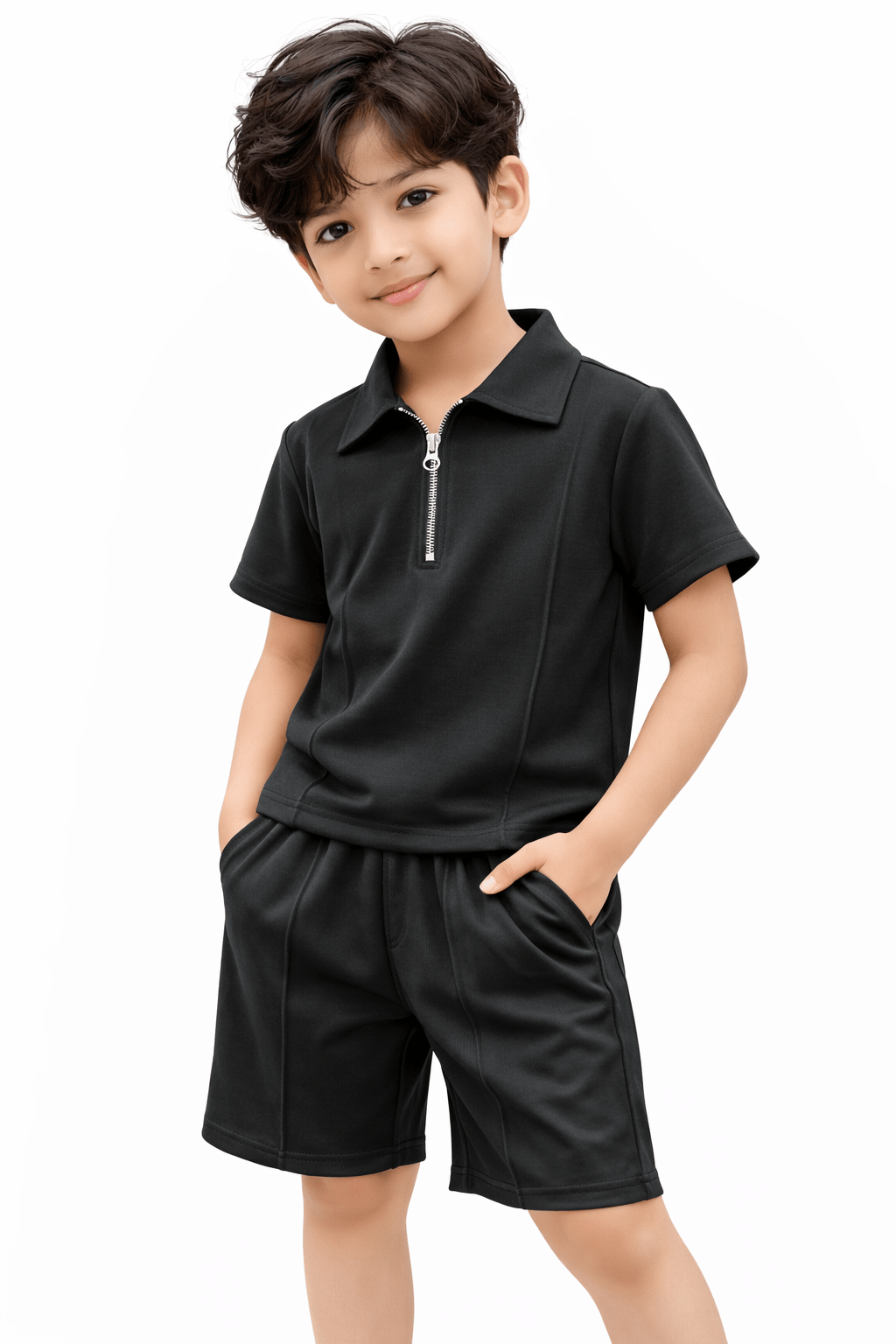 Premium Kids Cotton Co - Ord Set | Zip Collar T-Shirt & Shorts - Black - Raab.pk