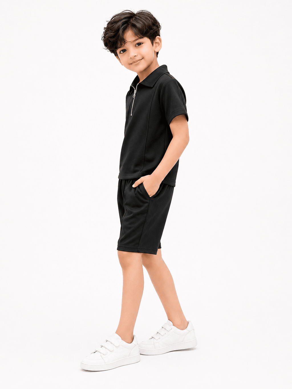 Premium Kids Cotton Co - Ord Set | Zip Collar T-Shirt & Shorts - Black - Raab.pk