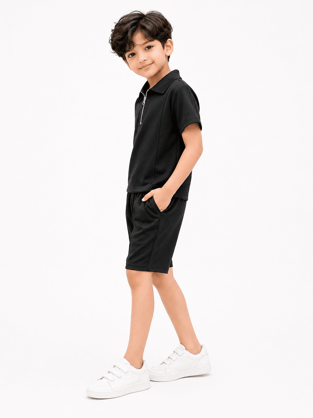 Premium Kids Cotton Co - Ord Set | Zip Collar T-Shirt & Shorts - Black - Raab.pk