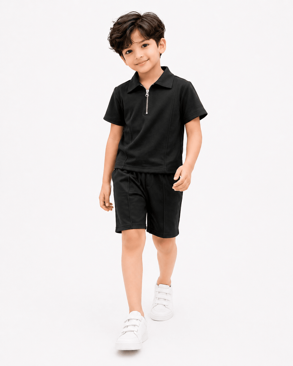 Premium Kids Cotton Co - Ord Set | Zip Collar T-Shirt & Shorts - Black - Raab.pk