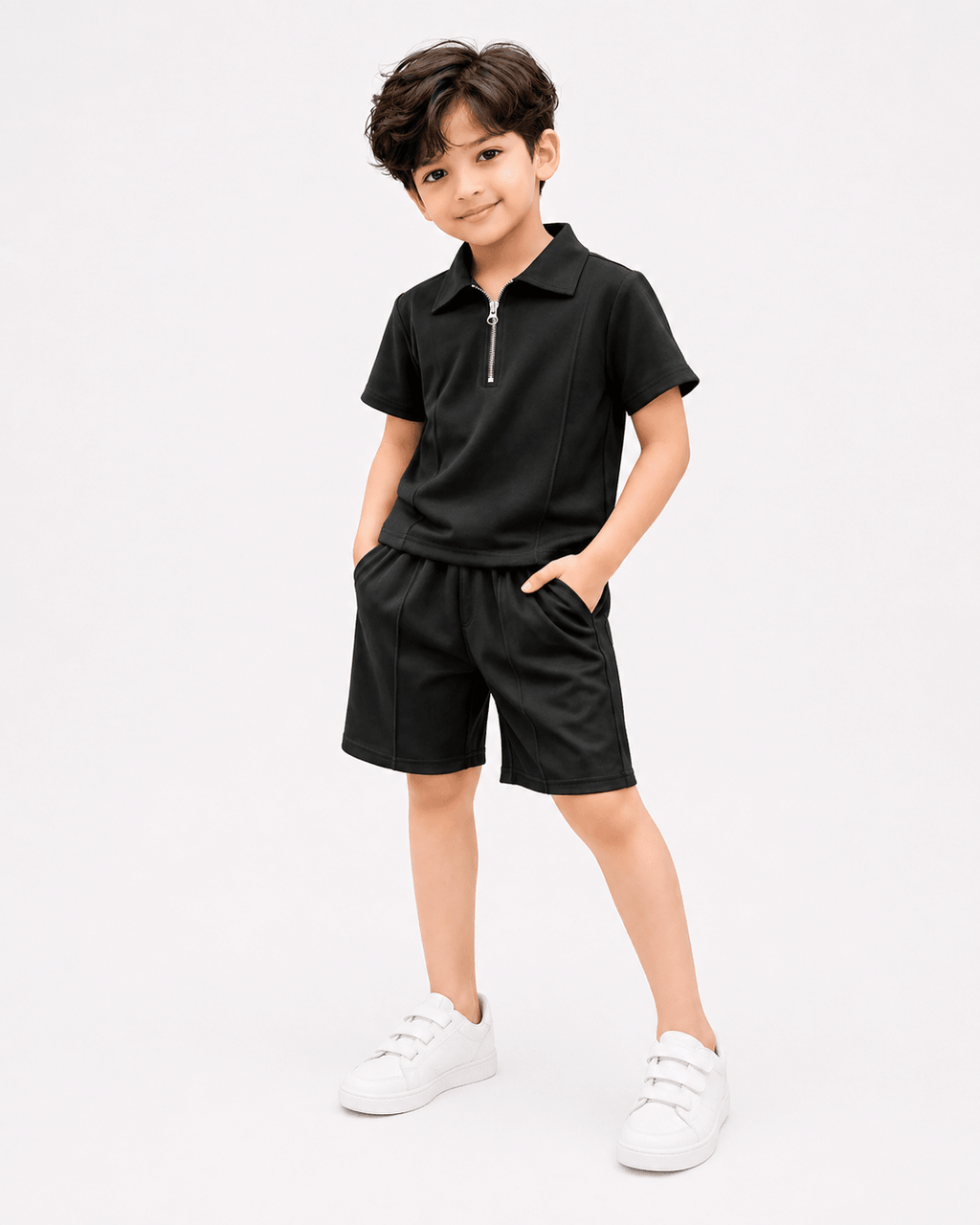 Premium Kids Cotton Co - Ord Set | Zip Collar T-Shirt & Shorts - Black - Raab.pk