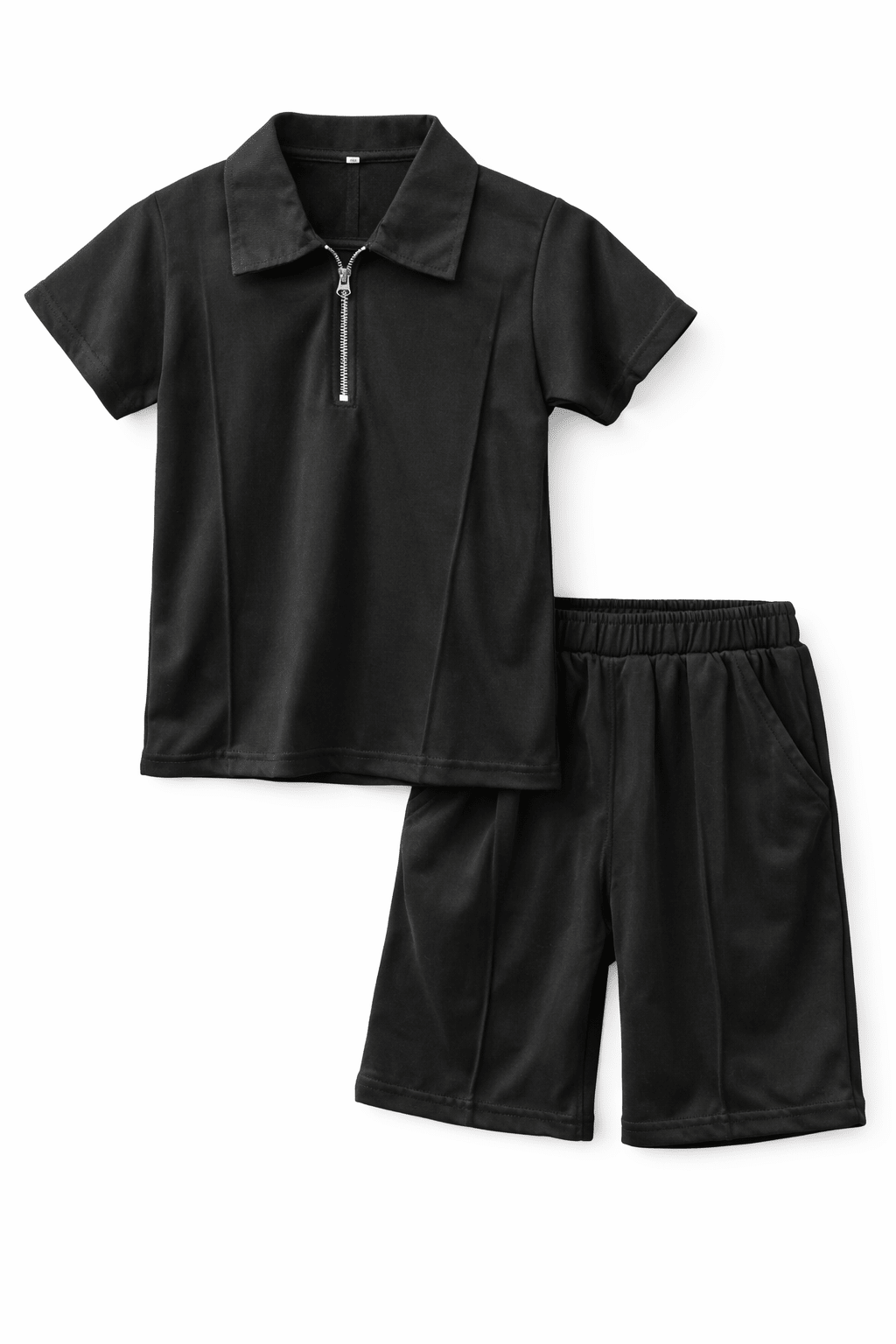 Premium Kids Cotton Co - Ord Set | Zip Collar T-Shirt & Shorts - Black - Raab.pk