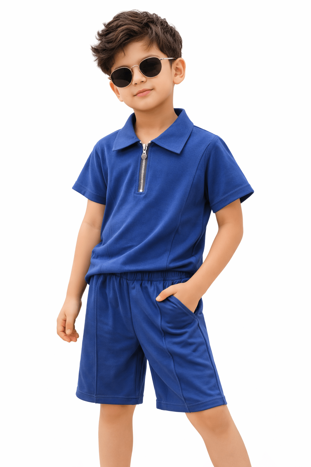 Premium Kids Cotton Co - Ord Set | Zip Collar T-Shirt & Shorts - Blue - Raab.pk