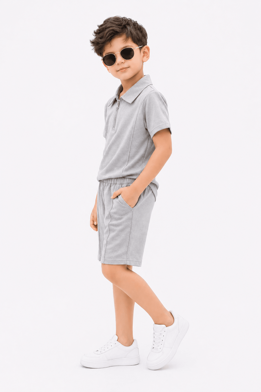 Premium Kids Cotton Co - Ord Set | Zip Collar T-Shirt & Shorts - Gray - Raab.pk