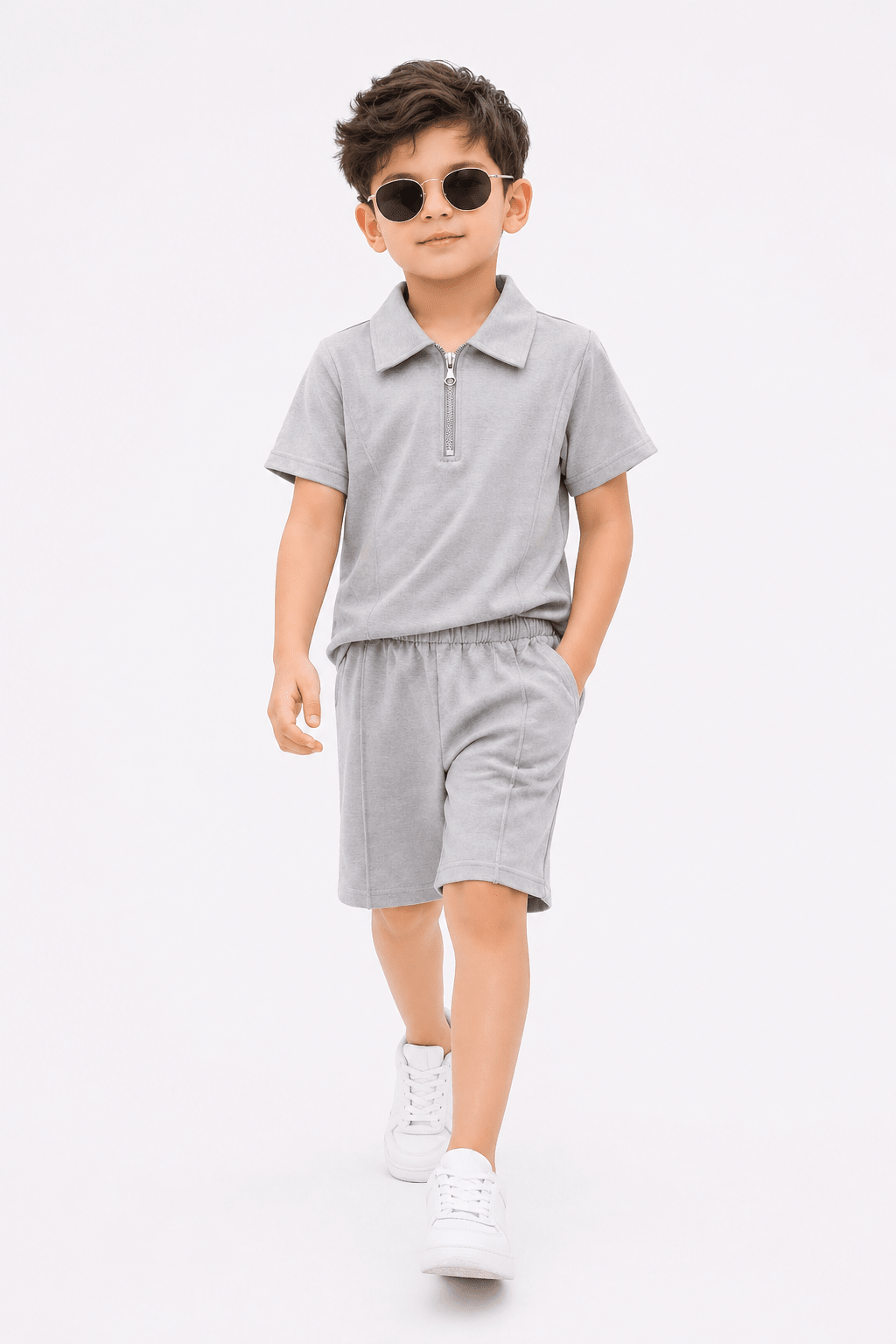 Premium Kids Cotton Co - Ord Set | Zip Collar T-Shirt & Shorts - Gray - Raab.pk