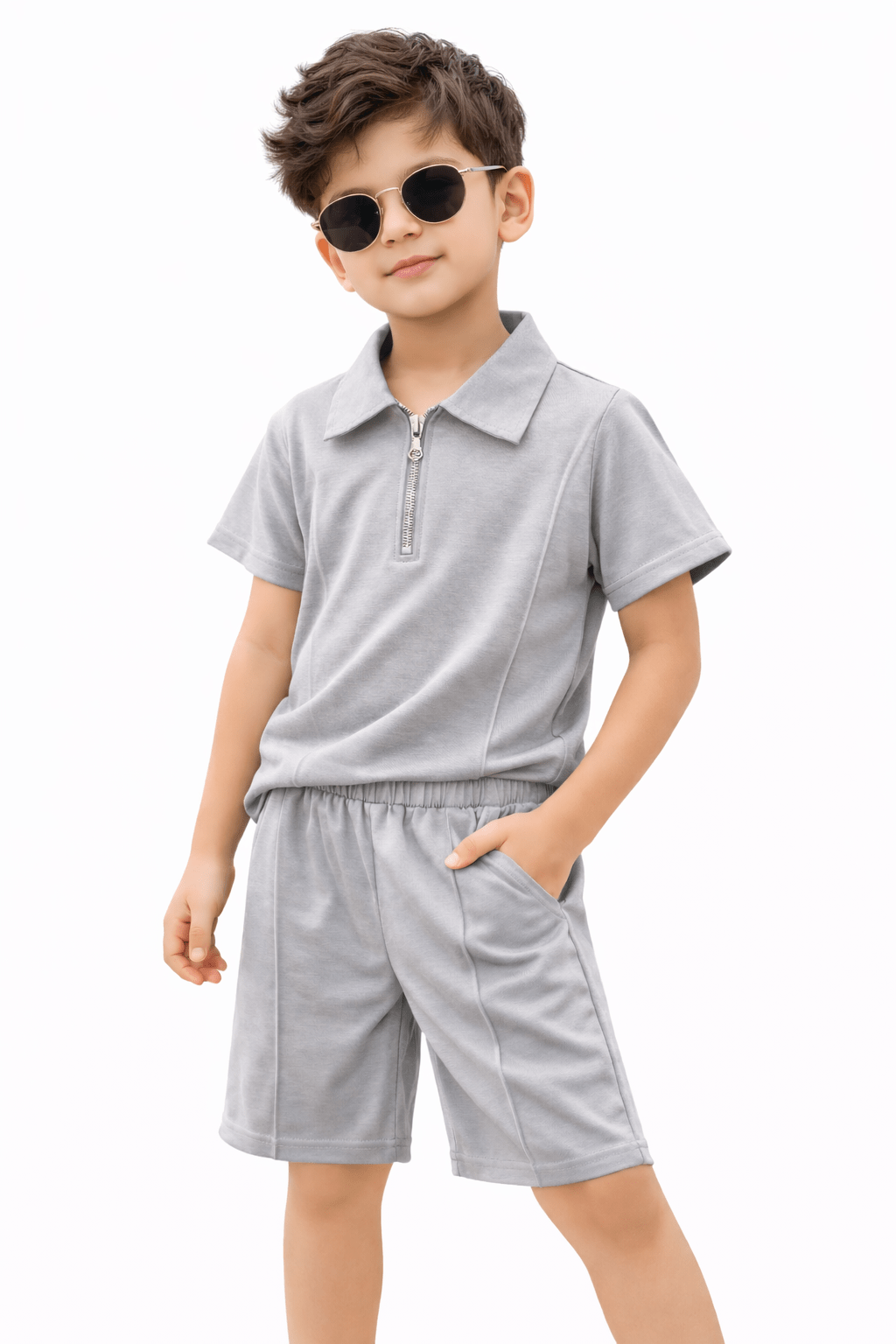 Premium Kids Cotton Co - Ord Set | Zip Collar T-Shirt & Shorts - Gray - Raab.pk