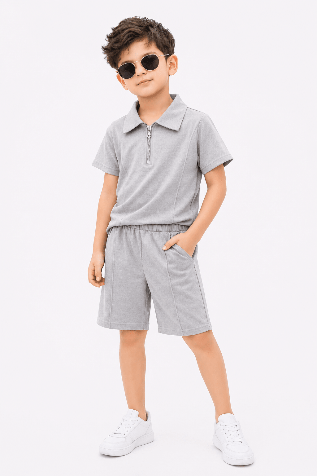 Premium Kids Cotton Co - Ord Set | Zip Collar T-Shirt & Shorts - Gray - Raab.pk