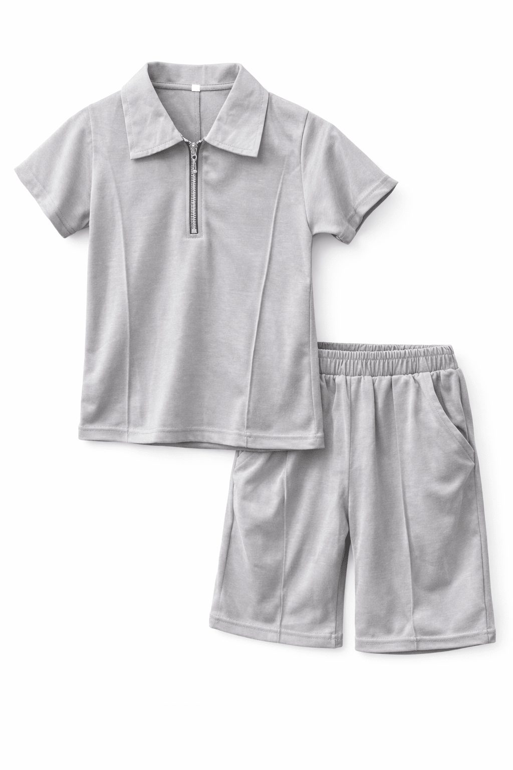 Premium Kids Cotton Co - Ord Set | Zip Collar T-Shirt & Shorts - Gray - Raab.pk
