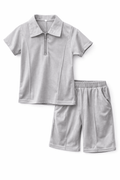 Premium Kids Cotton Co - Ord Set | Zip Collar T-Shirt & Shorts - Gray - Raab.pk