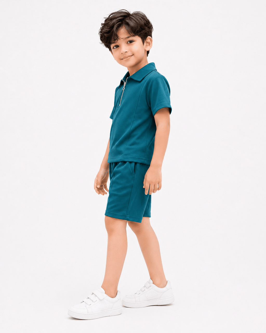 Premium Kids Cotton Co - Ord Set | Zip Collar T-Shirt & Shorts - Green - Raab.pk