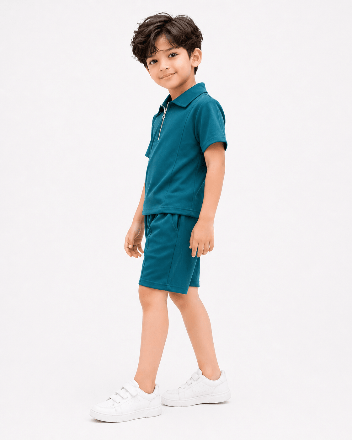 Premium Kids Cotton Co - Ord Set | Zip Collar T-Shirt & Shorts - Green - Raab.pk