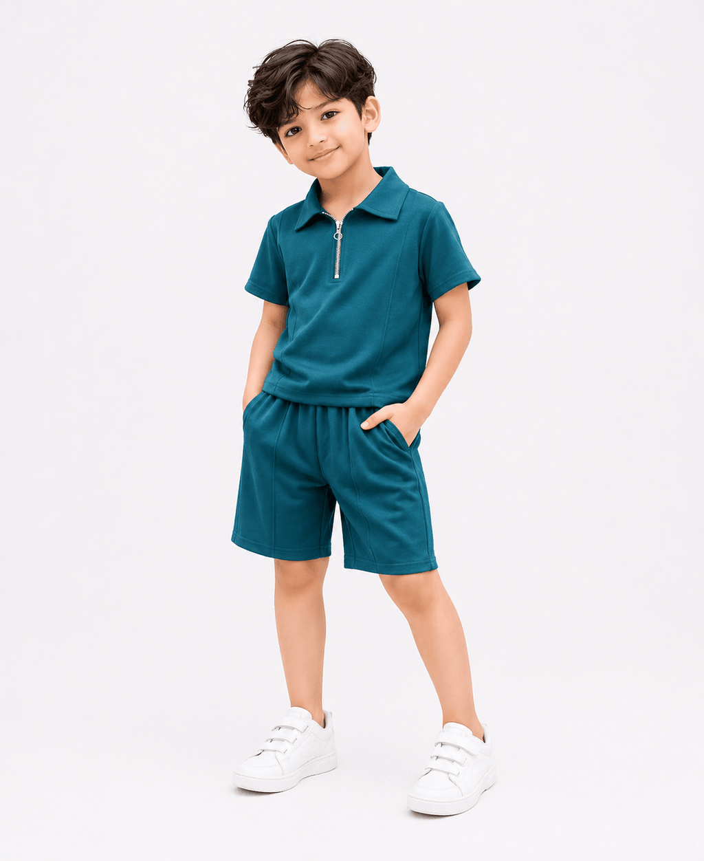 Premium Kids Cotton Co - Ord Set | Zip Collar T-Shirt & Shorts - Green - Raab.pk