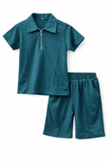 Premium Kids Cotton Co - Ord Set | Zip Collar T-Shirt & Shorts - Green - Raab.pk