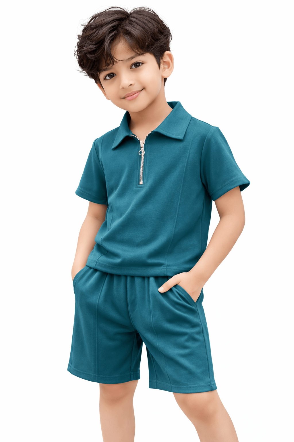 Premium Kids Cotton Co - Ord Set | Zip Collar T-Shirt & Shorts - Green - Raab.pk