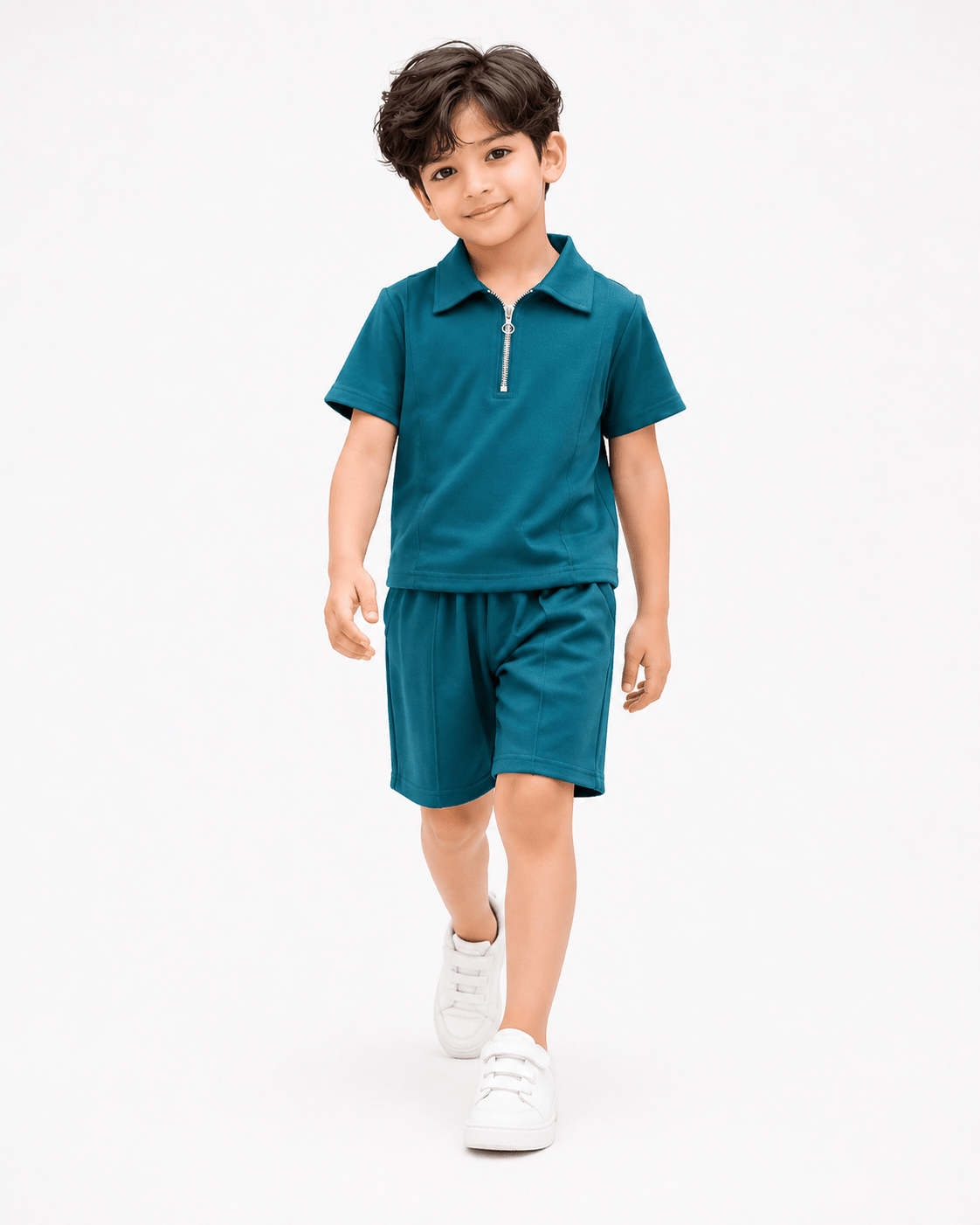 Premium Kids Cotton Co - Ord Set | Zip Collar T-Shirt & Shorts - Green - Raab.pk