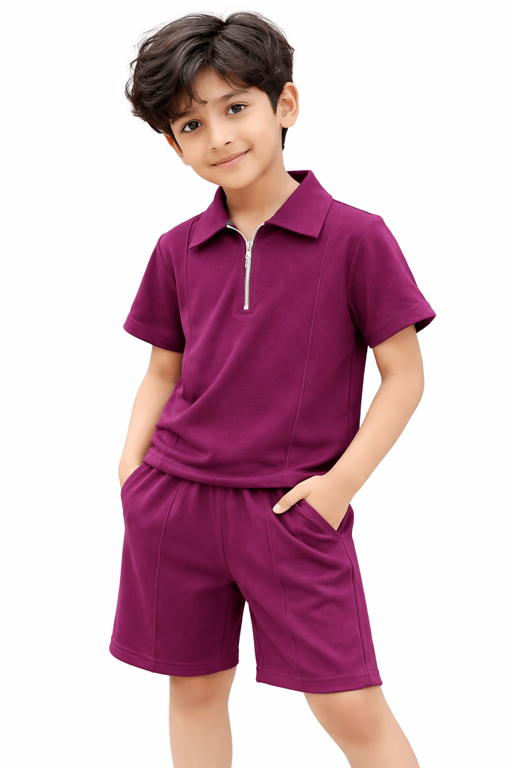 Premium Kids Cotton Co - Ord Set | Zip Collar T-Shirt & Shorts - Purple - Raab.pk