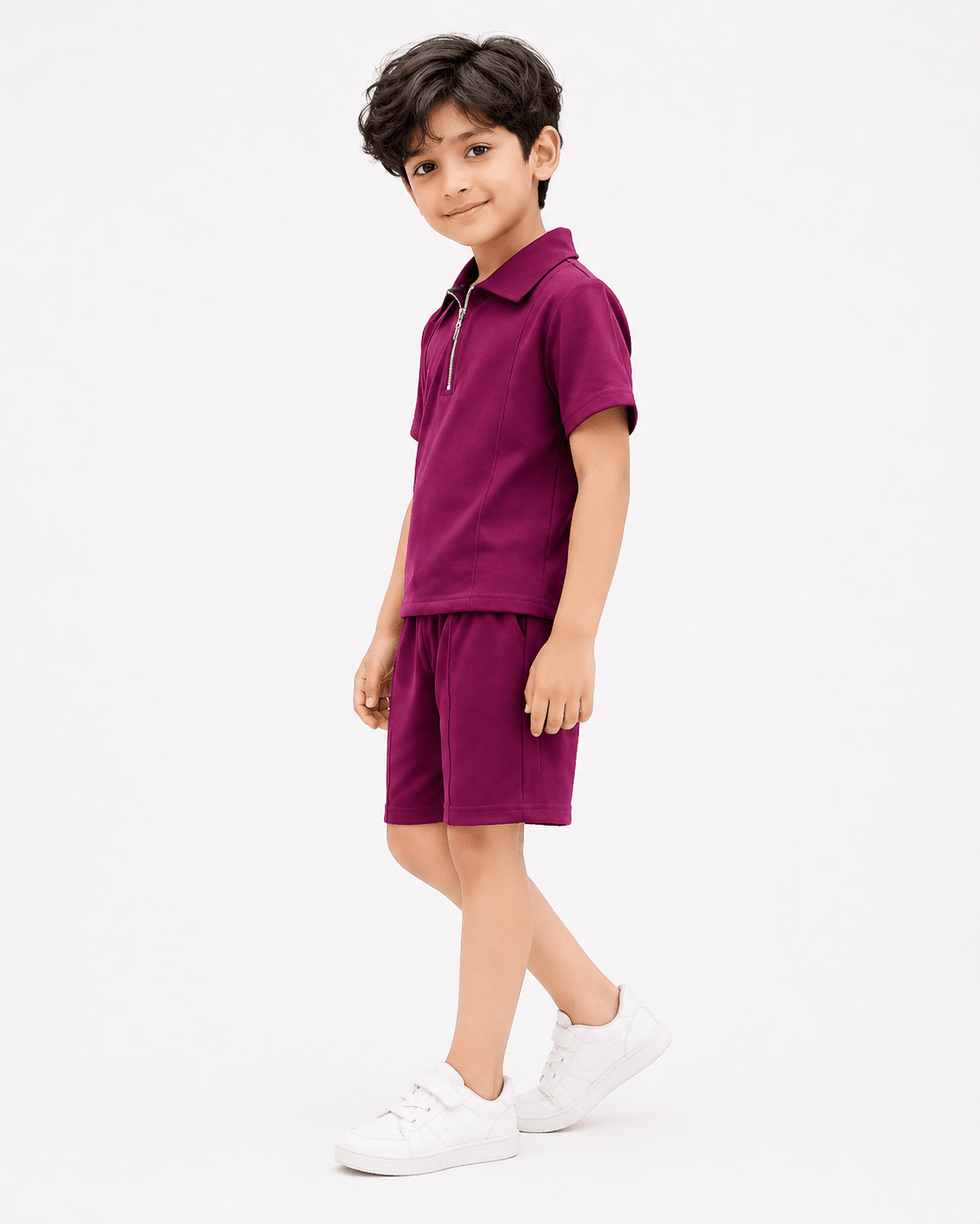 Premium Kids Cotton Co - Ord Set | Zip Collar T-Shirt & Shorts - Purple - Raab.pk