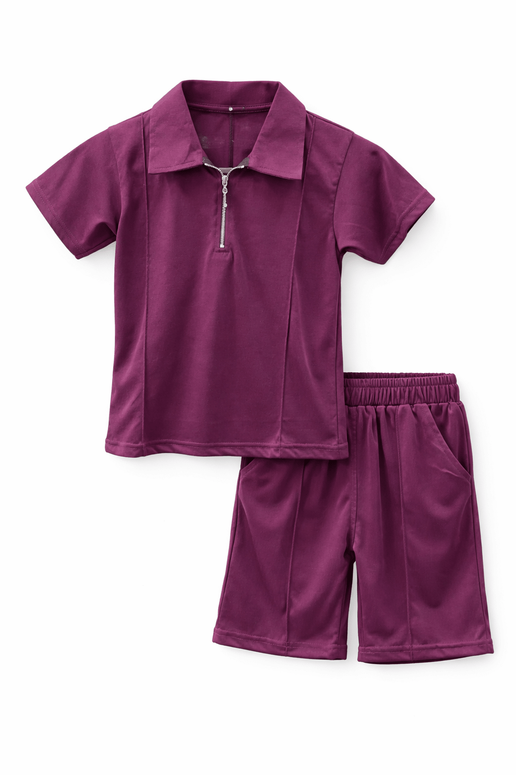 Premium Kids Cotton Co - Ord Set | Zip Collar T-Shirt & Shorts - Purple - Raab.pk