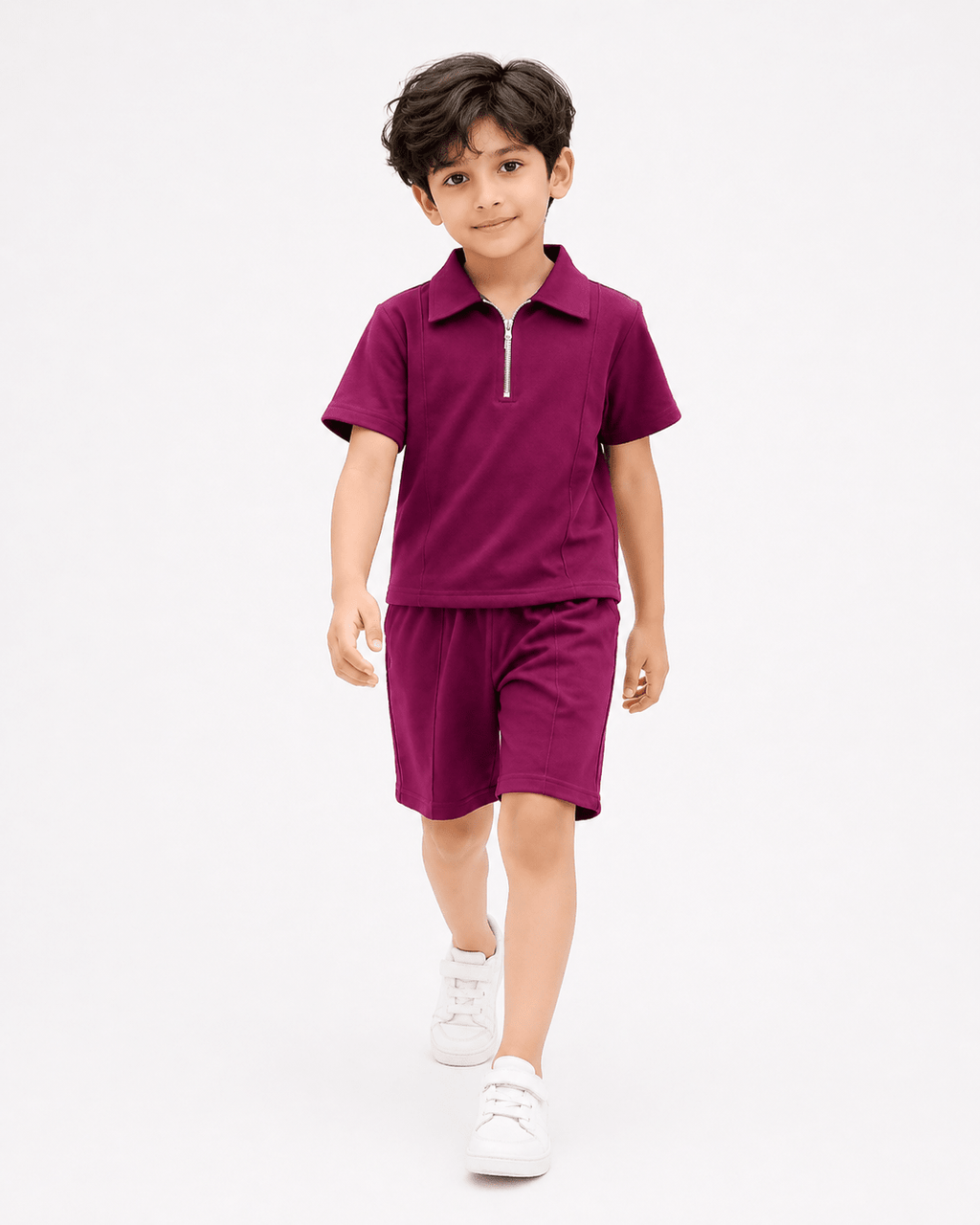 Premium Kids Cotton Co - Ord Set | Zip Collar T-Shirt & Shorts - Purple - Raab.pk