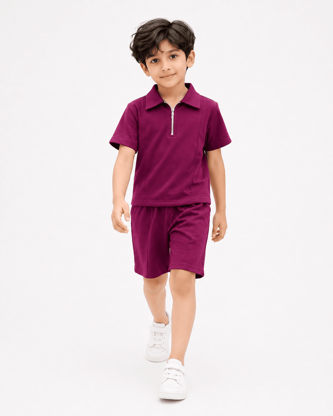 Premium Kids Cotton Co - Ord Set | Zip Collar T-Shirt & Shorts - Purple - Raab.pk