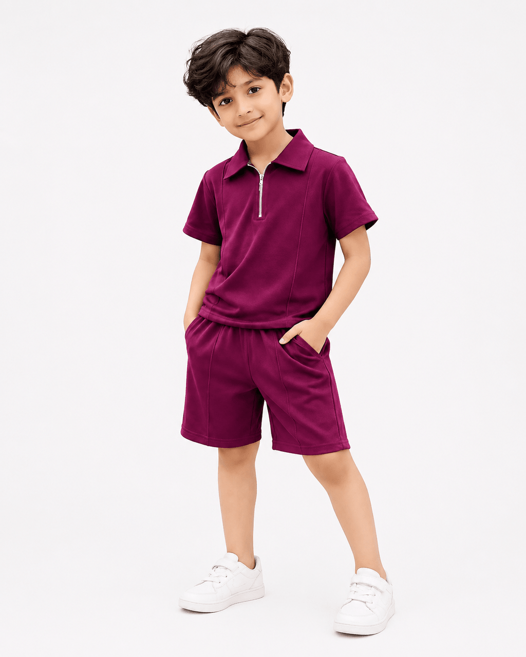 Premium Kids Cotton Co - Ord Set | Zip Collar T-Shirt & Shorts - Purple - Raab.pk