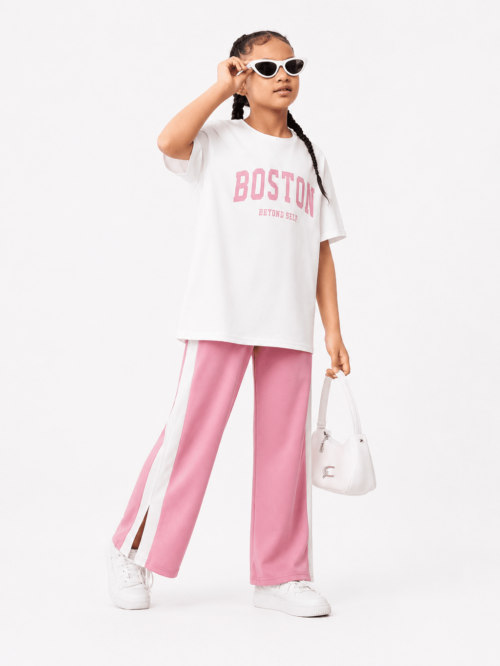 RAAB Girls Pink Drop Shoulder Co-Ord Set – Oversized T-Shirt & Wide Leg Trouser Summer Outfit (3-14 Years) - Raab.pk