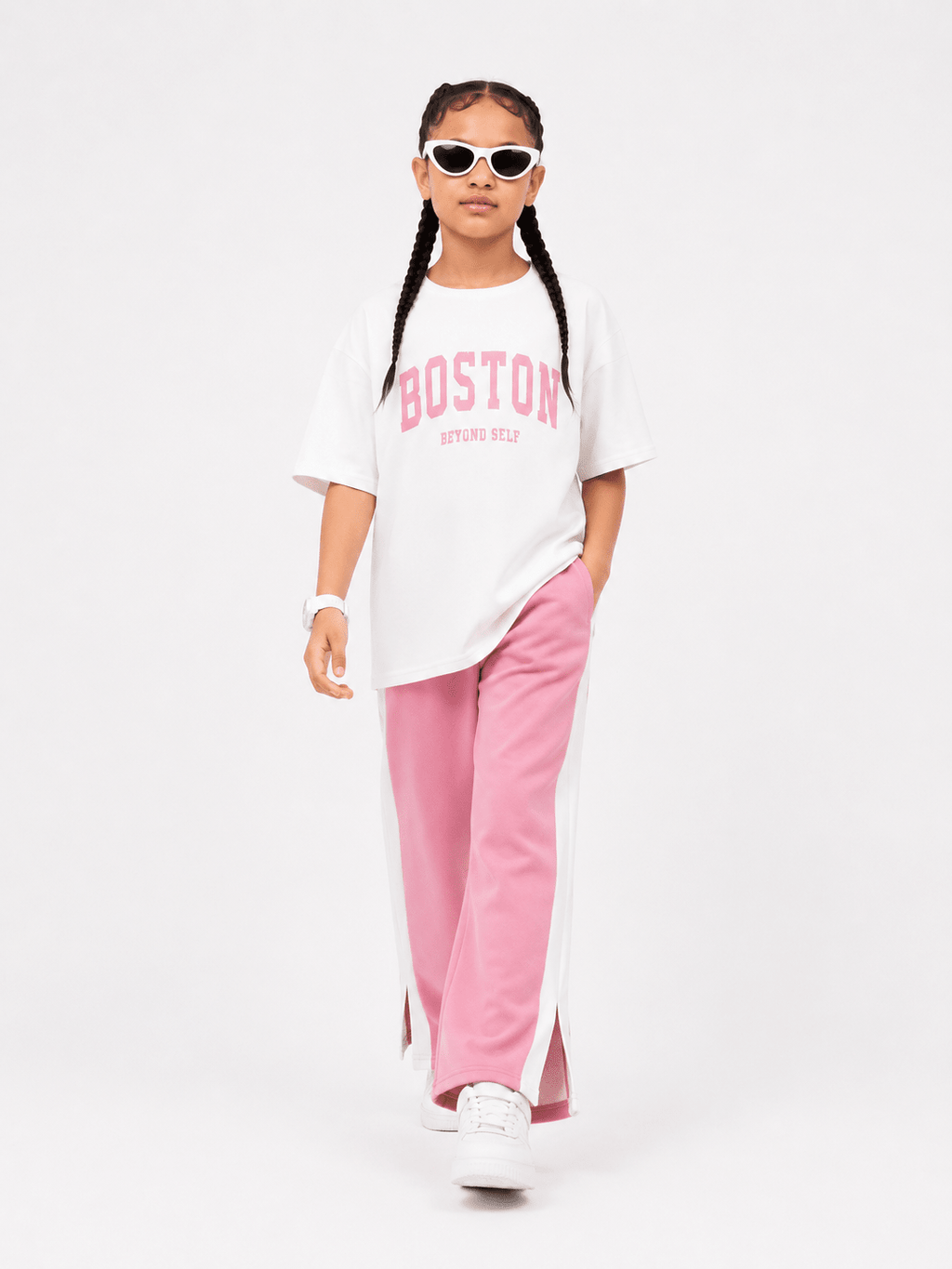RAAB Girls Pink Drop Shoulder Co-Ord Set – Oversized T-Shirt & Wide Leg Trouser Summer Outfit (3-14 Years) - Raab.pk