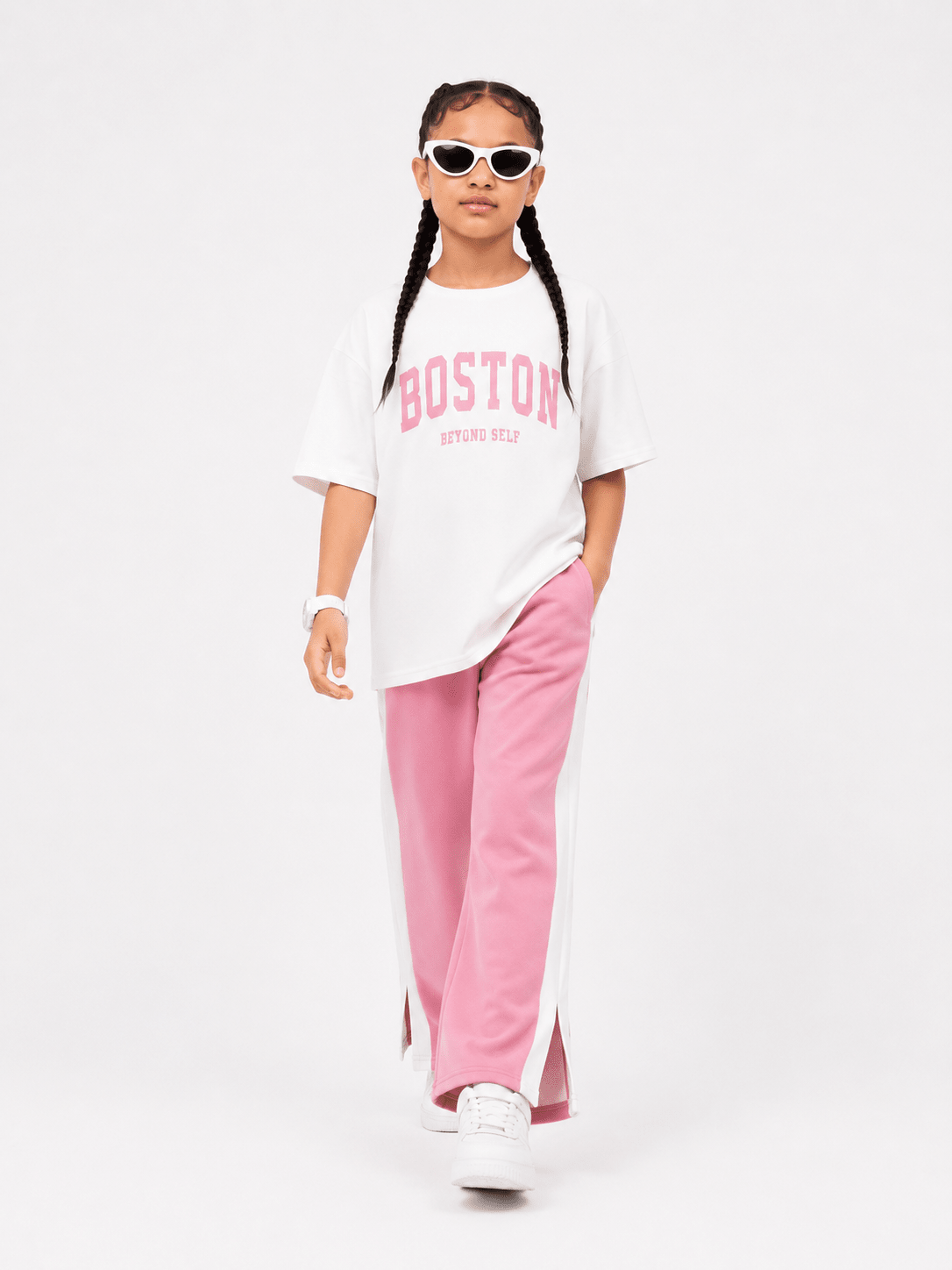 RAAB Girls Pink Drop Shoulder Co-Ord Set – Oversized T-Shirt & Wide Leg Trouser Summer Outfit (3-14 Years) - Raab.pk