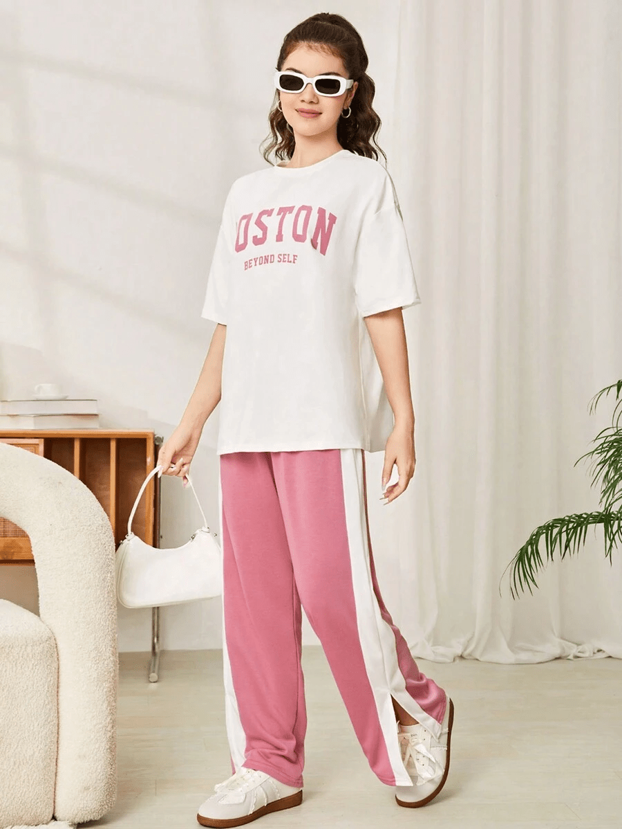 RAAB Girls Pink Drop Shoulder Co-Ord Set – Oversized T-Shirt & Wide Leg Trouser Summer Outfit (3-16 Years) - Raab.pk