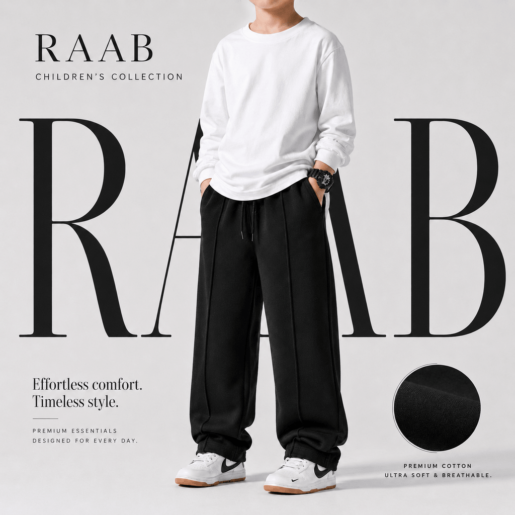Raab Kids Black Terry Trouser (3 - 12 Years) - Front Line Design, Premium Summer Fabric - Raab.pk