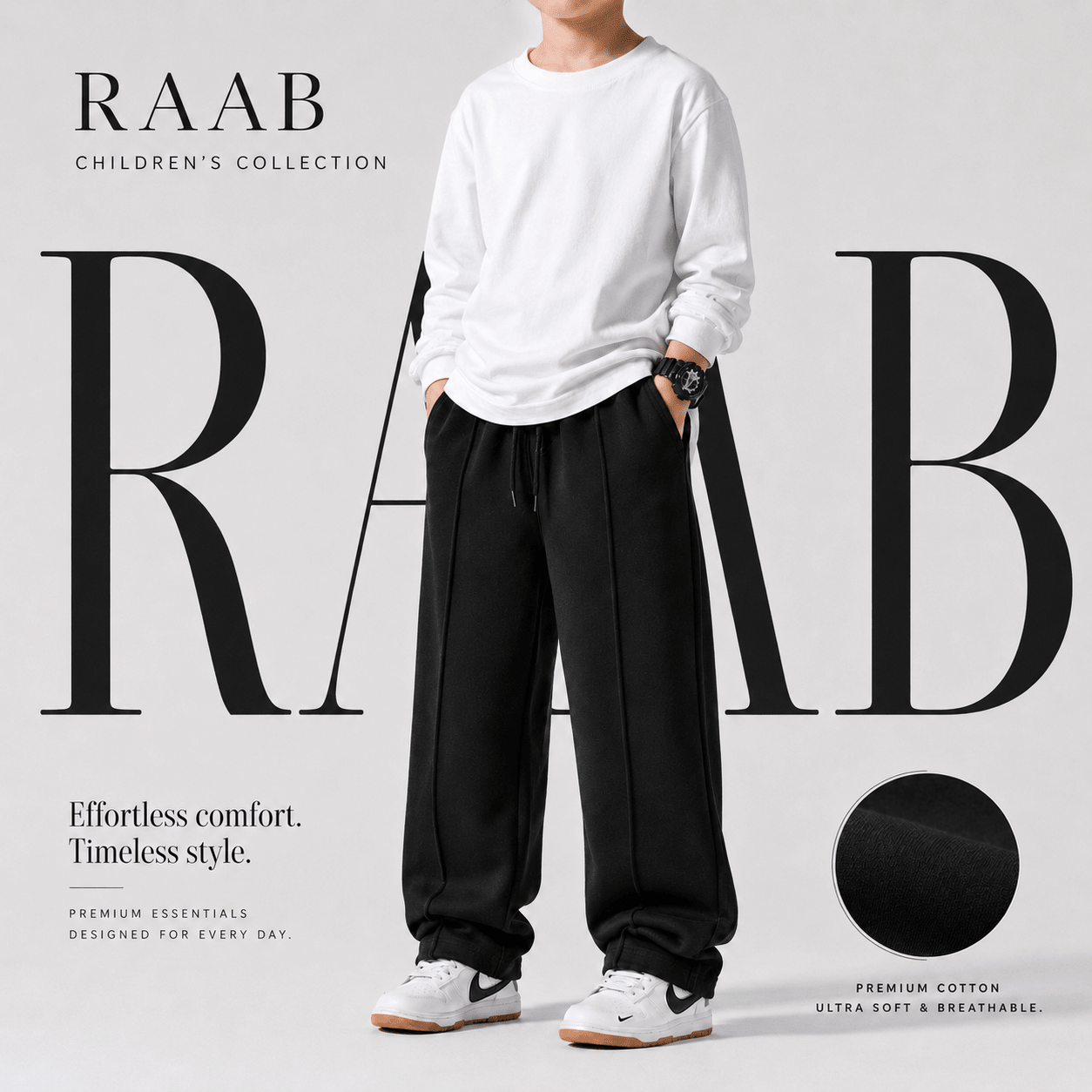 Raab Kids Black Terry Trouser (3 - 12 Years) - Front Line Design, Premium Summer Fabric - Raab.pk