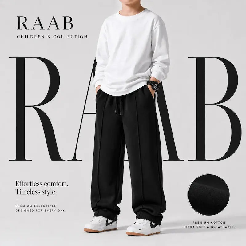 Raab Kids Black Terry Trouser (3-15 Years) - Front Line Design, Premium Summer Fabric - Raab.pk
