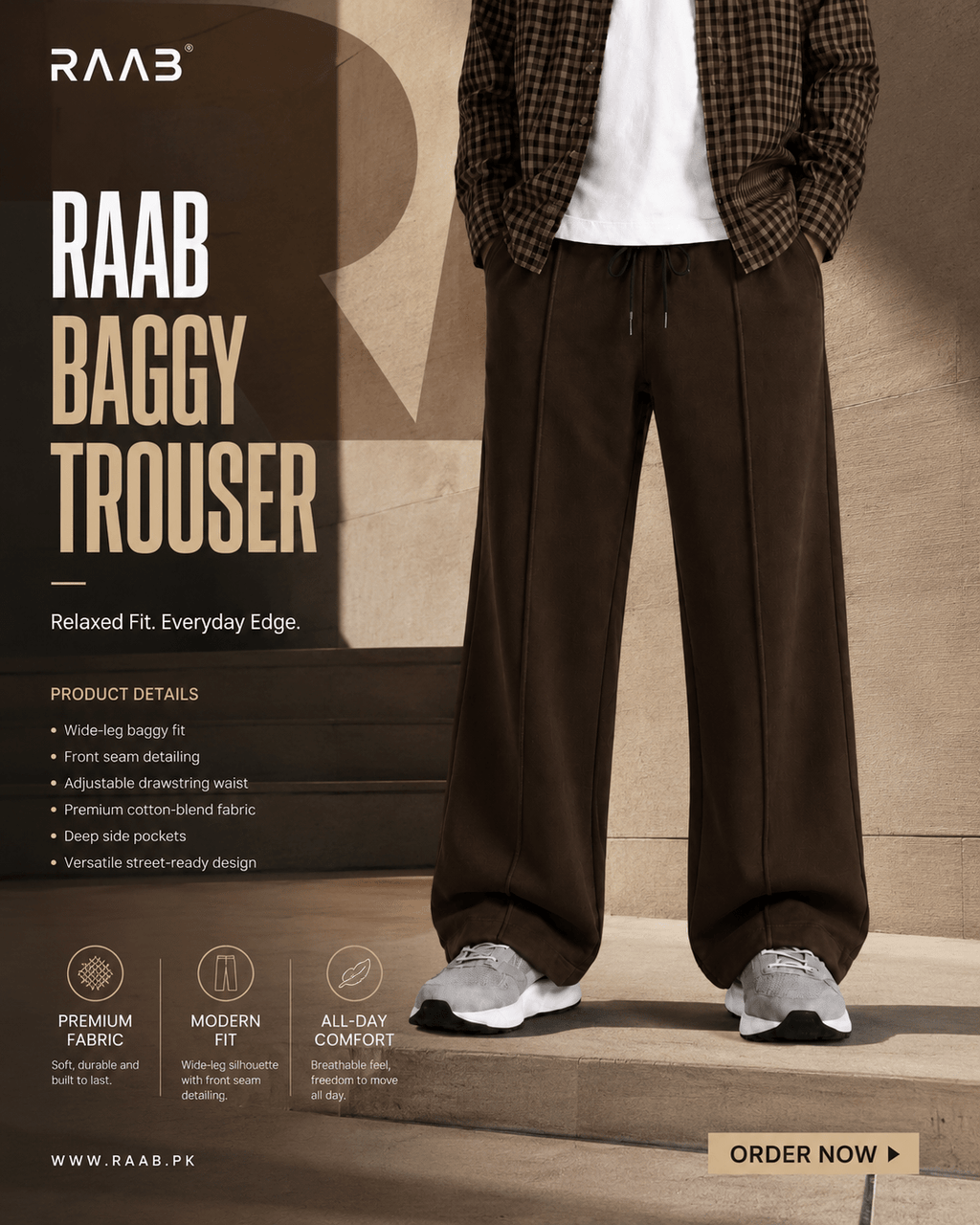 Raab Kids Brown Baggy Trouser (3 - 12 Years) - Premium Cotton, Adjustable Drawstring, All - Day Comfort - Raab.pk