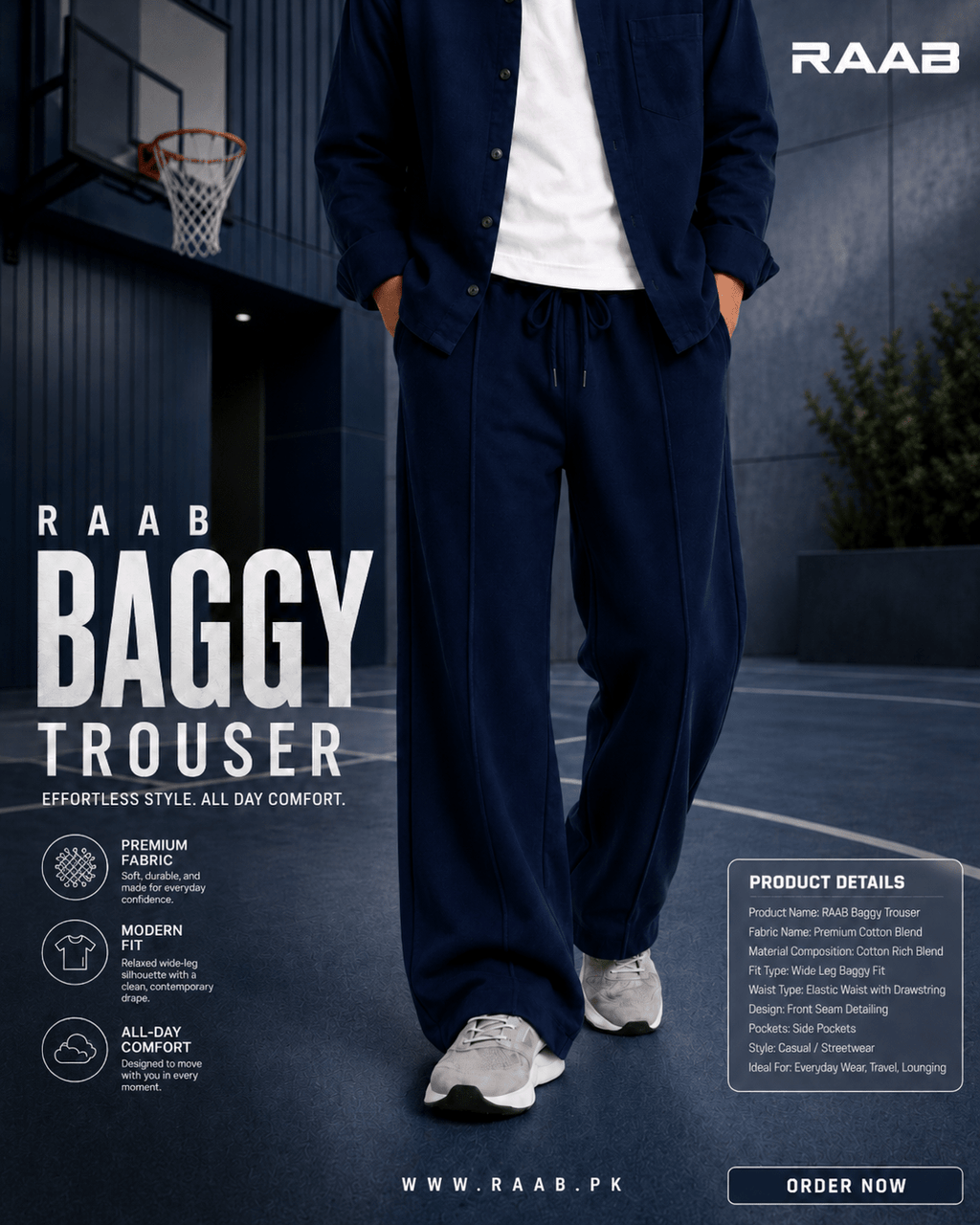 Raab Kids Navy Blue Baggy Trouser (3 - 12 Years) - Premium Cotton Blend, Modern Fit, All - Day Comfort - Raab.pk