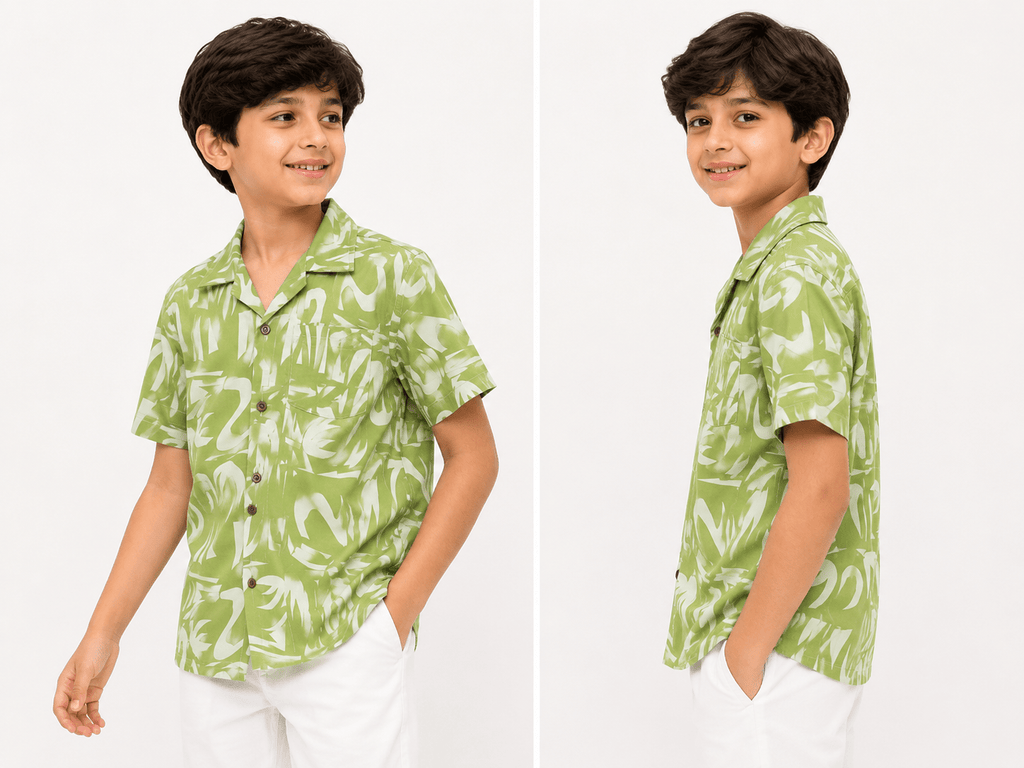 RAAB Kids Sage Green Tropical Printed Shirt – Premium China Poly Cotton Summer Casual Shirt (1-14 Years) - Raab.pk
