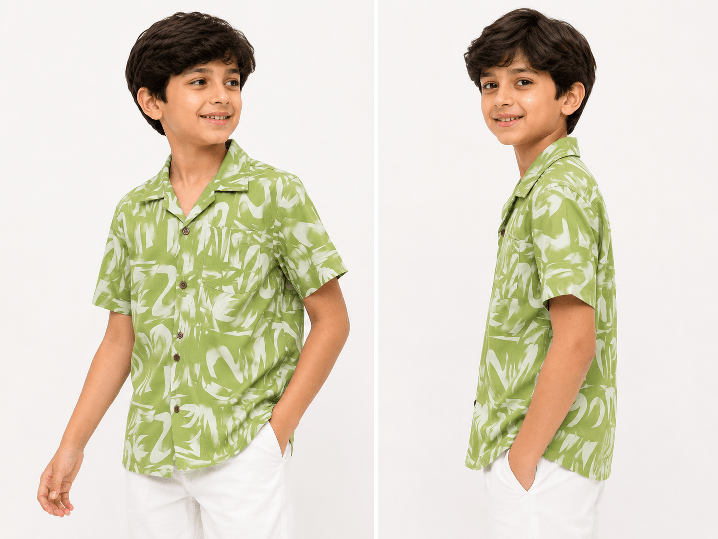 RAAB Kids Sage Green Tropical Printed Shirt – Premium China Poly Cotton Summer Casual Shirt (1-14 Years) - Raab.pk
