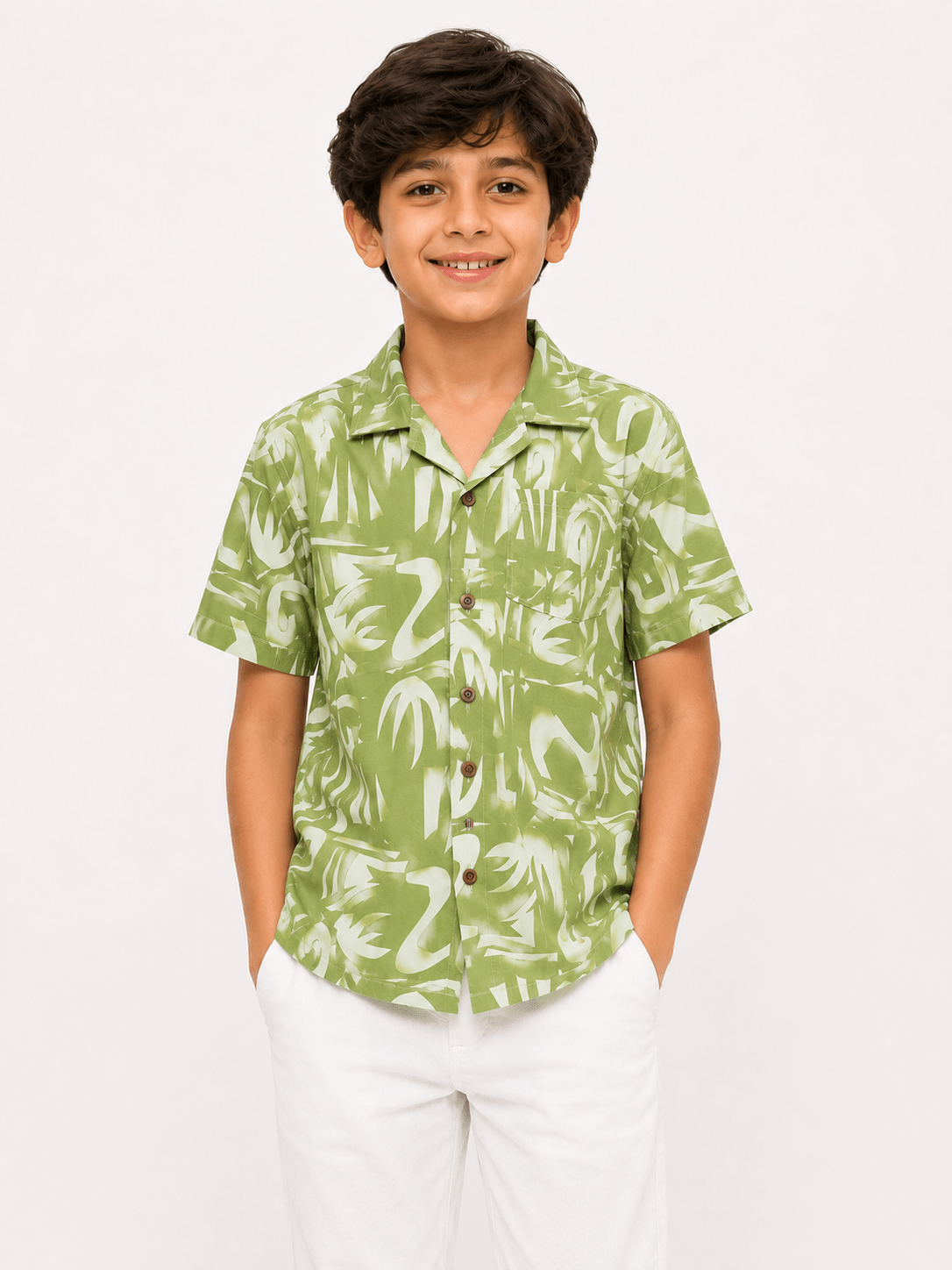 RAAB Kids Sage Green Tropical Printed Shirt – Premium China Poly Cotton Summer Casual Shirt (1-14 Years) - Raab.pk