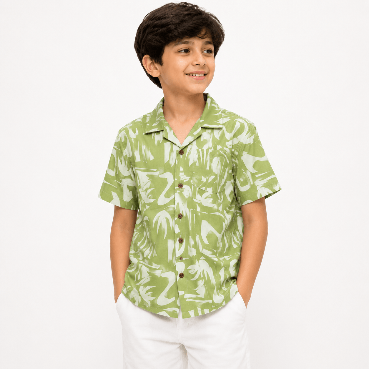 RAAB Kids Sage Green Tropical Printed Shirt – Premium China Poly Cotton Summer Casual Shirt (1-14 Years) - Raab.pk